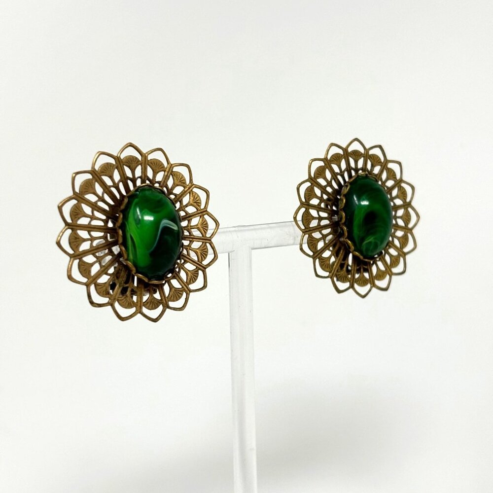 Vintage Green Marbled Clip On's Gold Filigree Earrings